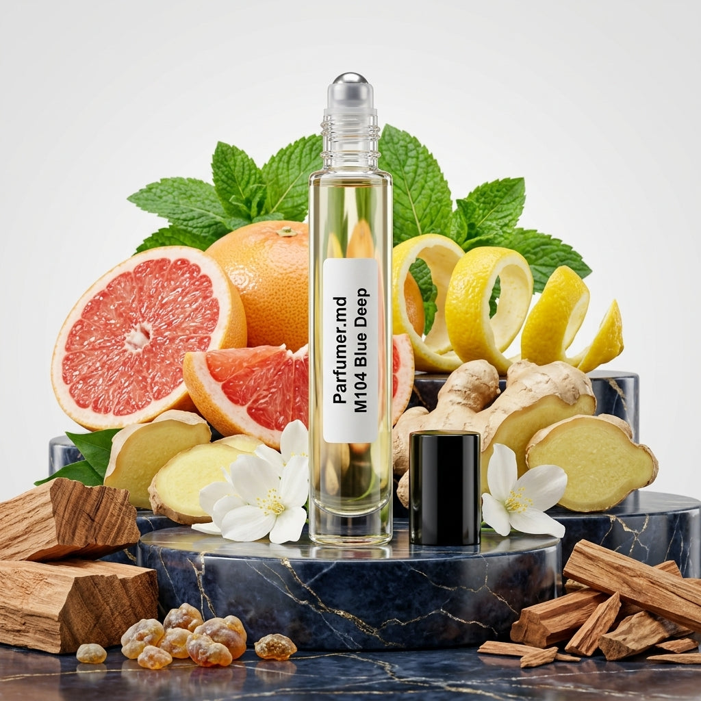 M104 Blue Deep inspirat de Chanel Bleu de Chanel ulei de parfum prezentat alături de grapefruit, mentă, ghimbir și lemn de cedru.