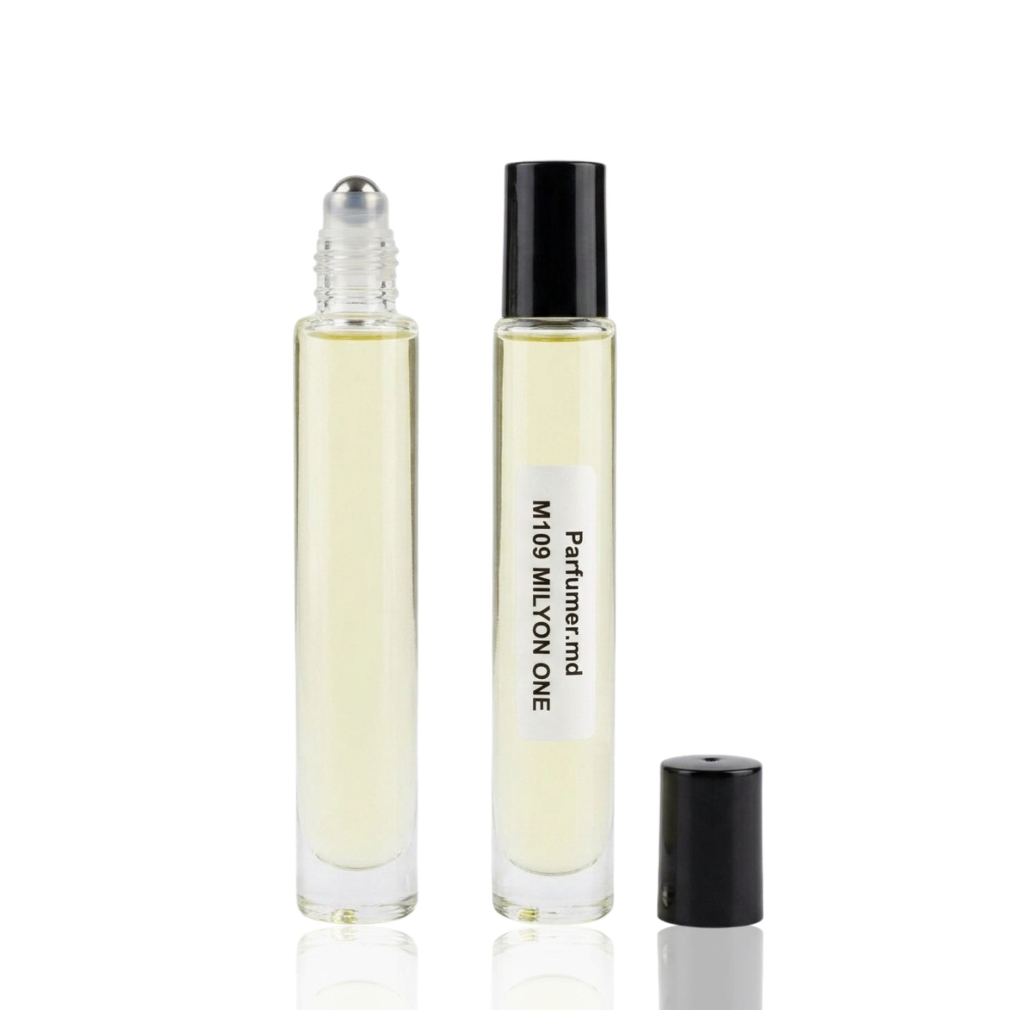 Detaliu flacon M109 MILYON ONE inspirat de Paco Rabanne 1 Million ulei de parfum, evidențiind eticheta și aplicatorul roll-on.