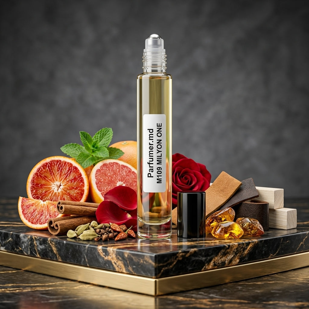 M109 MILYON ONE inspirat de Paco Rabanne 1 Million ulei de parfum prezentat alături de mandarină, scorțișoară și chihlimbar.