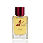 Detaliu flacon Milan Afghano Scent Limited Edition apa de parfum, evidențiind eticheta aurie și capacul metalic texturat.