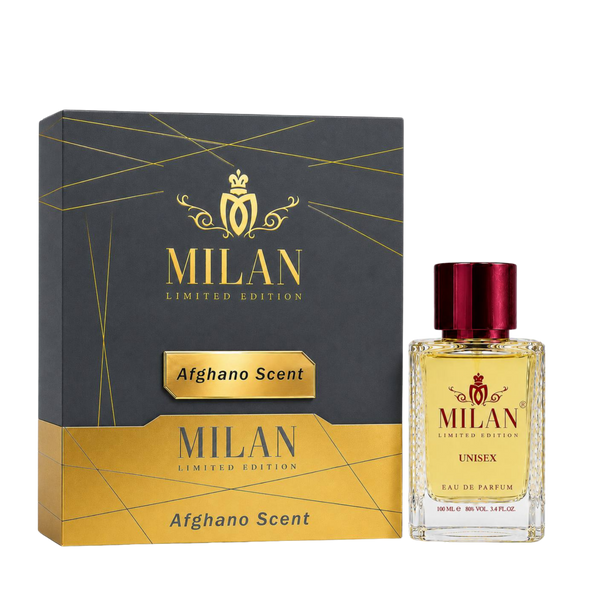 Milan Afghano Scent Limited Edition apa de parfum unisex 100 ml flacon frontal cu lichid galben-chihlimbar și capac bordo.