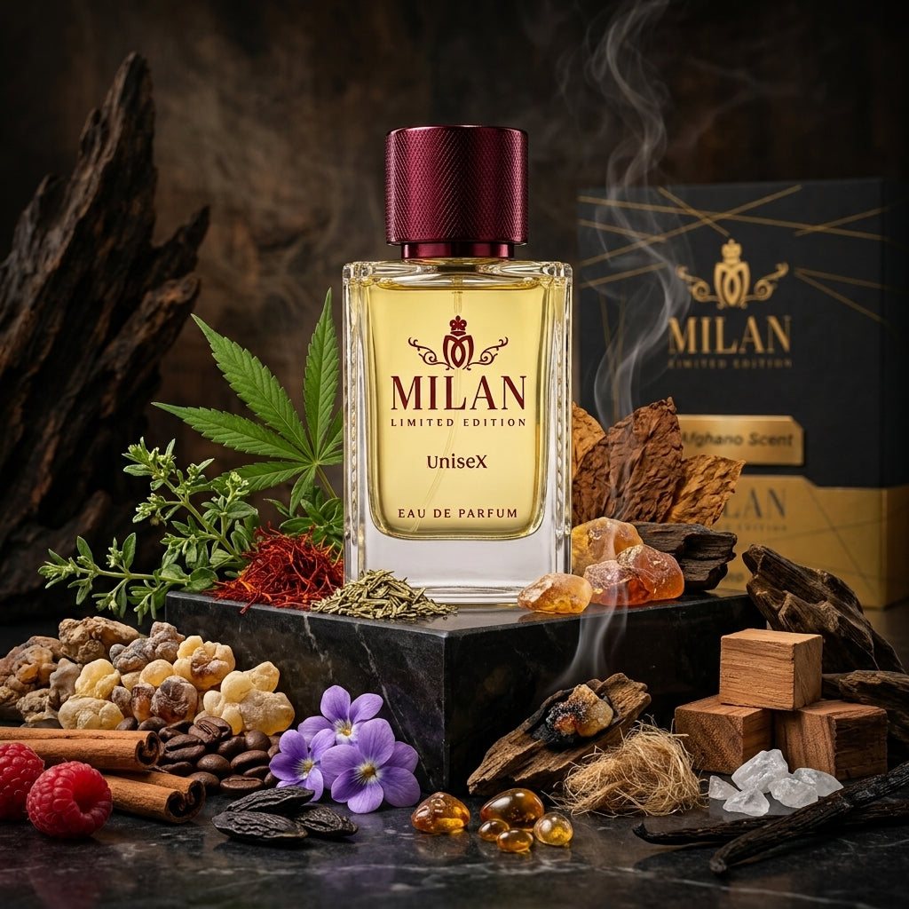 Milan Afghano Scent Limited Edition apa de parfum prezentat alături de frunze de cannabis, tutun, boabe de cafea și oud.