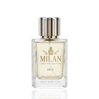 Detaliu flacon Milan Aventu Limited Edition apa de parfum, evidențiind textura sticlei și capacul cu dungi verticale.