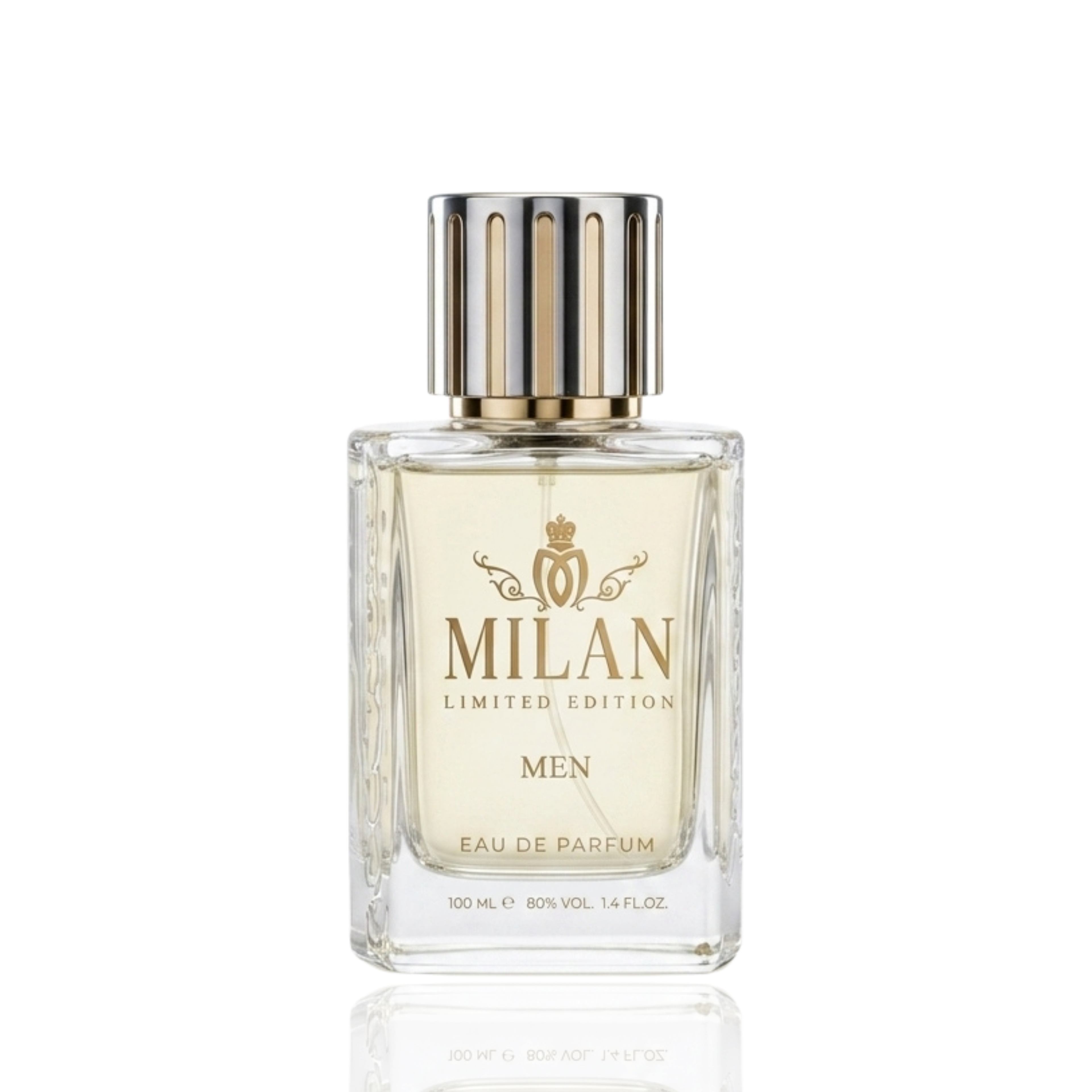 Detaliu flacon Milan Aventu Limited Edition apa de parfum, evidențiind textura sticlei și capacul cu dungi verticale.