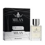 Milan Aventu Limited Edition apa de parfum masculin, flacon frontal de 100 ml cu design elegant și detalii argintii.