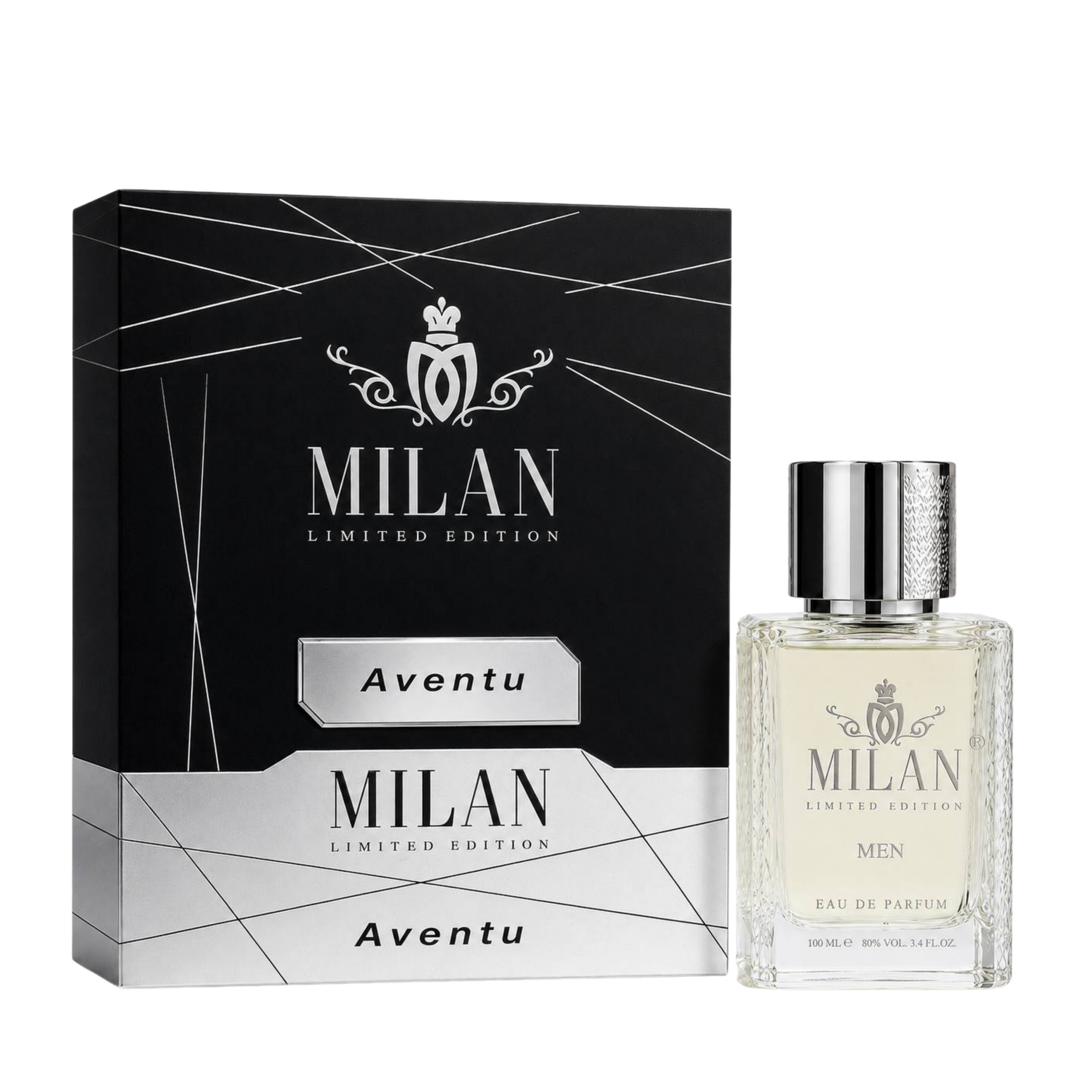 Milan Aventu Limited Edition apa de parfum masculin, flacon frontal de 100 ml cu design elegant și detalii argintii.