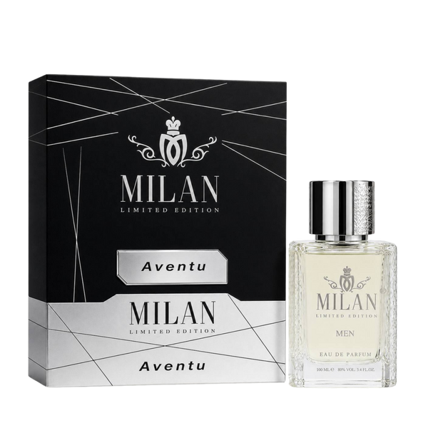 Milan Aventu Limited Edition apa de parfum masculin, flacon frontal de 100 ml cu design elegant și detalii argintii.