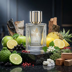 Milan Aventu Limited Edition apa de parfum original prezentat alături de ananas, măr verde, mesteacăn și mușchi de stejar.