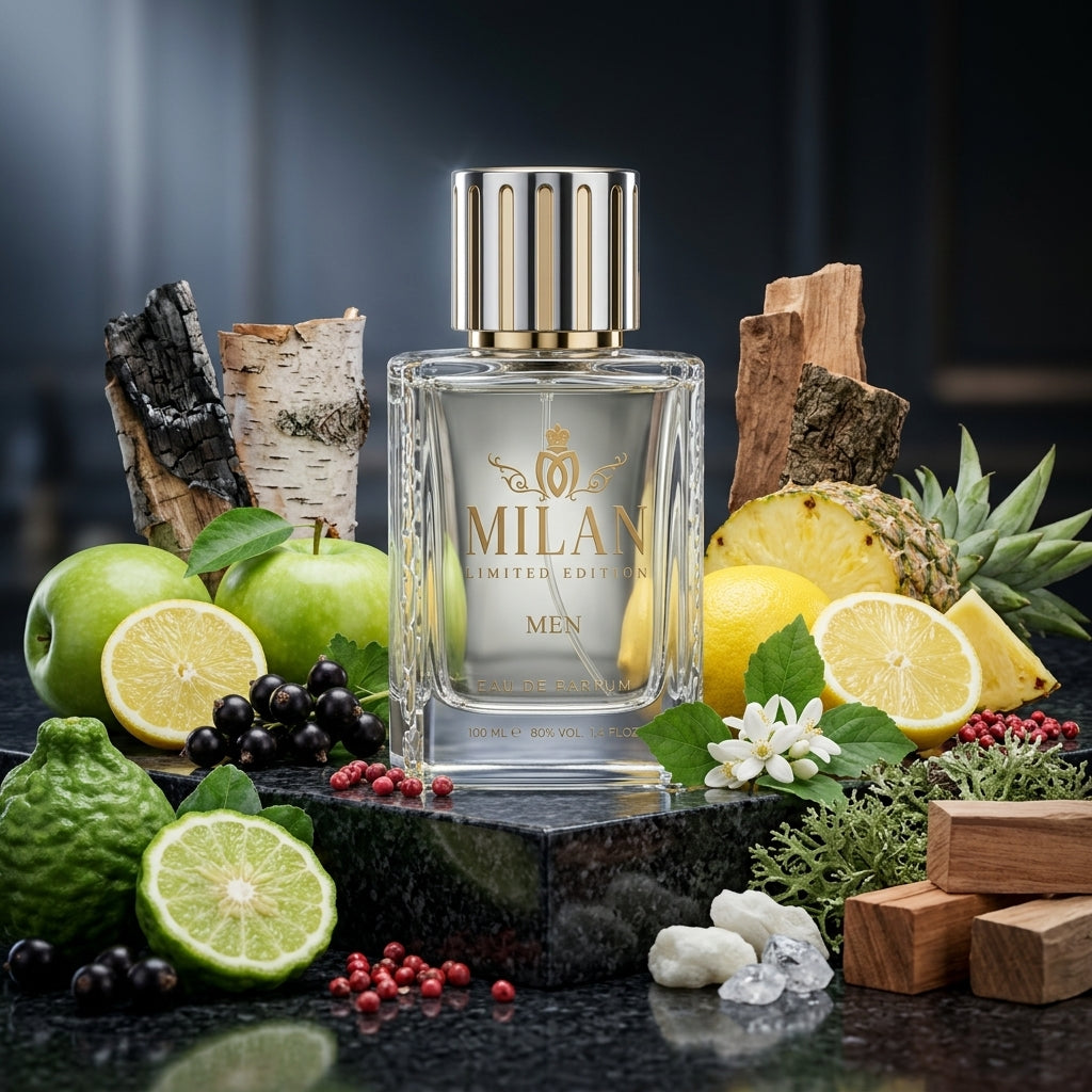 Milan Aventu Limited Edition apa de parfum original prezentat alături de ananas, măr verde, mesteacăn și mușchi de stejar.