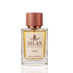Detaliu flacon Milan By the Flame Limited Edition apa de parfum, evidențiind eticheta albă cu text auriu și capacul metalic.