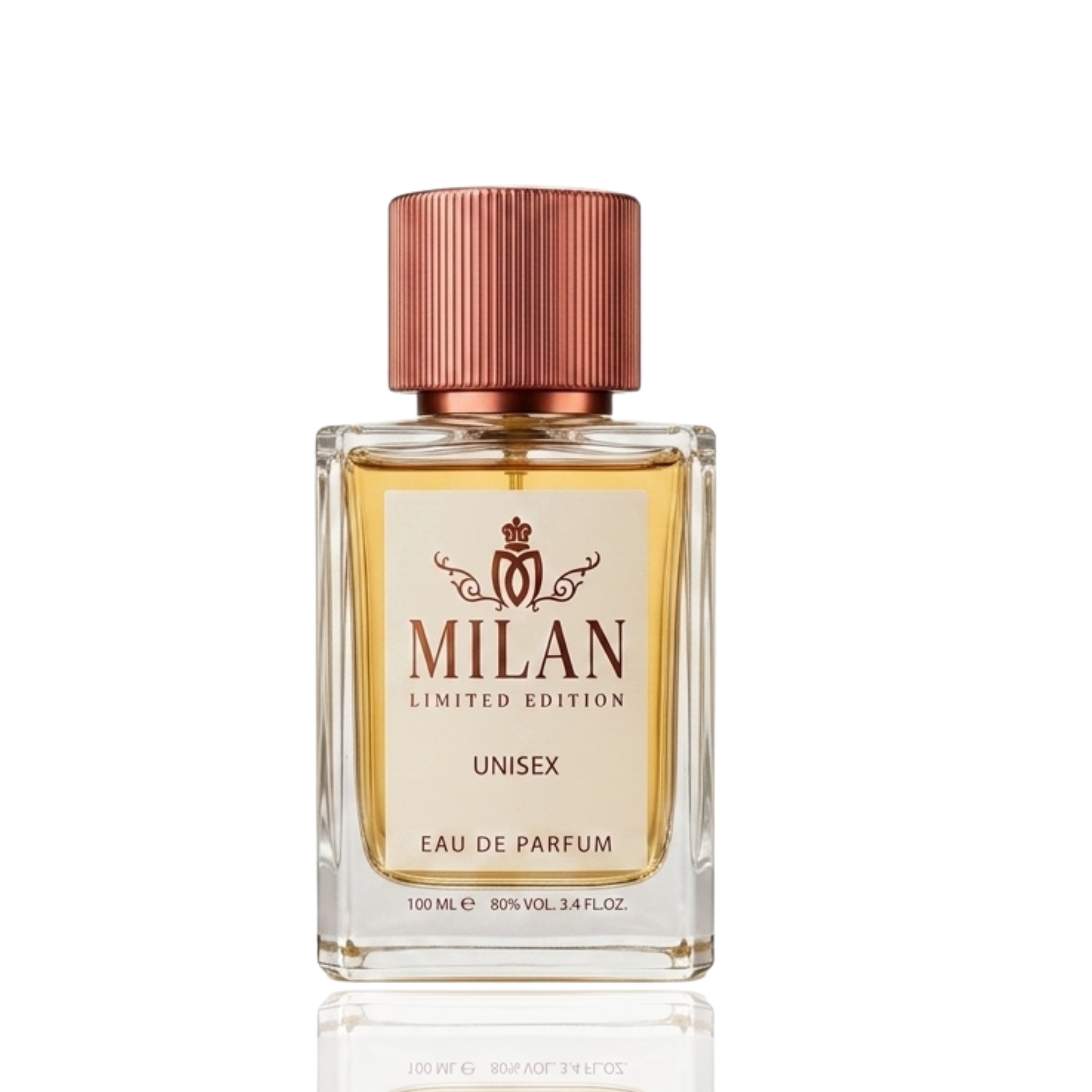 Detaliu flacon Milan By the Flame Limited Edition apa de parfum, evidențiind eticheta albă cu text auriu și capacul metalic.