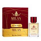 Milan By the Flame Limited Edition apa de parfum unisex, flacon frontal de 100 ml cu lichid transparent și capac roșu-bordo.