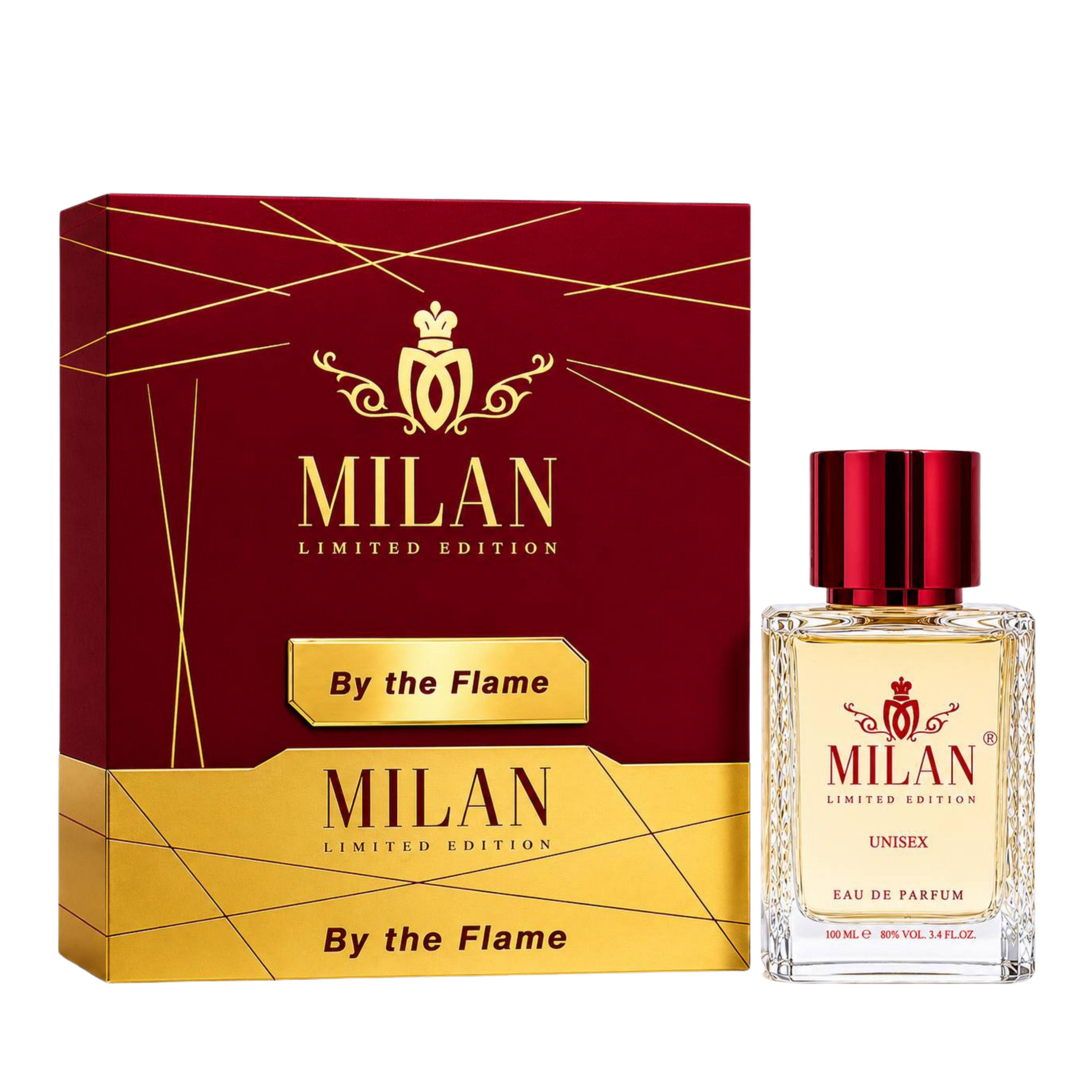 Milan By the Flame Limited Edition apa de parfum unisex, flacon frontal de 100 ml cu lichid transparent și capac roșu-bordo.