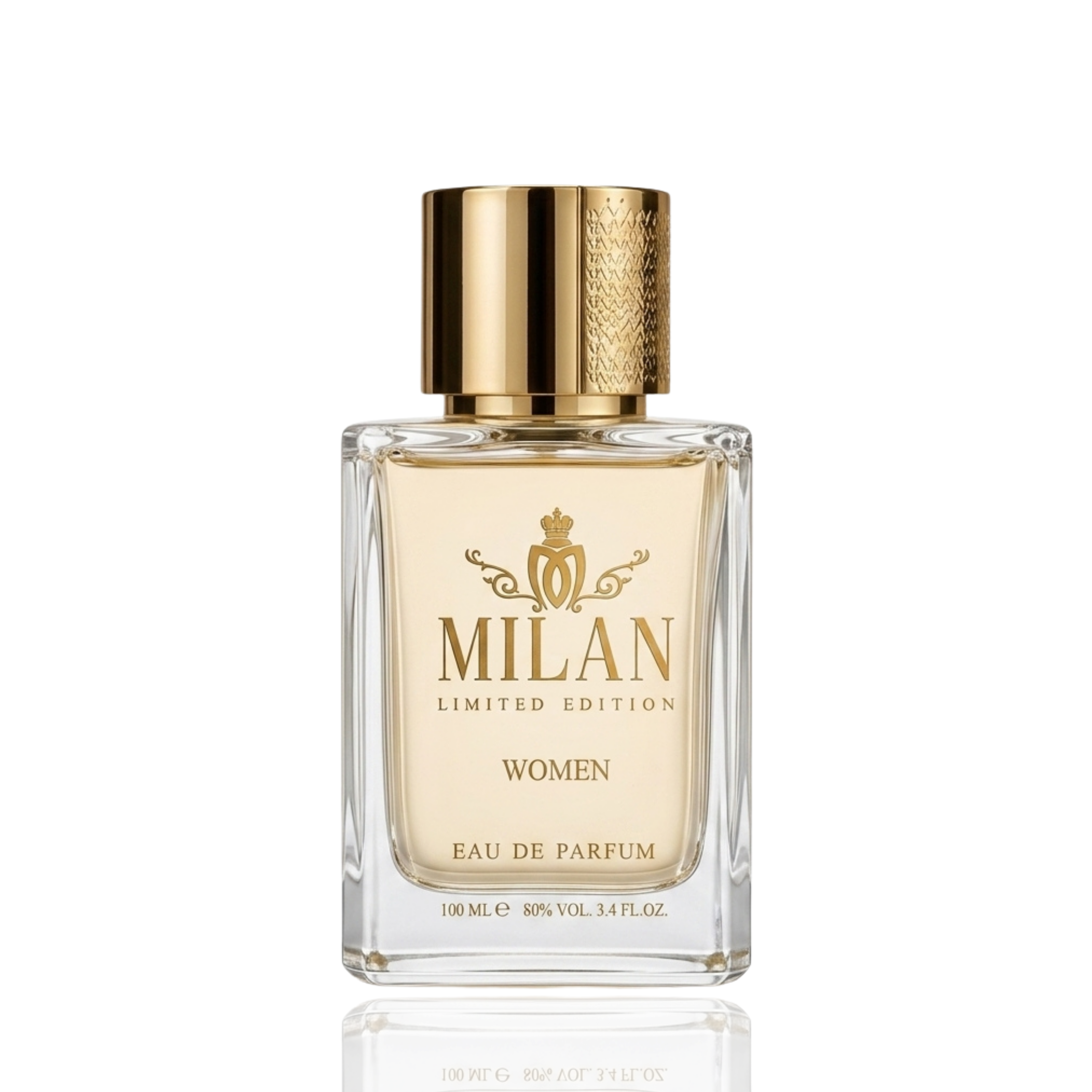 Detaliu flacon Milan Charisma Girl Limited Edition apa de parfum, evidențiind textura sticlei și detaliile aurii.