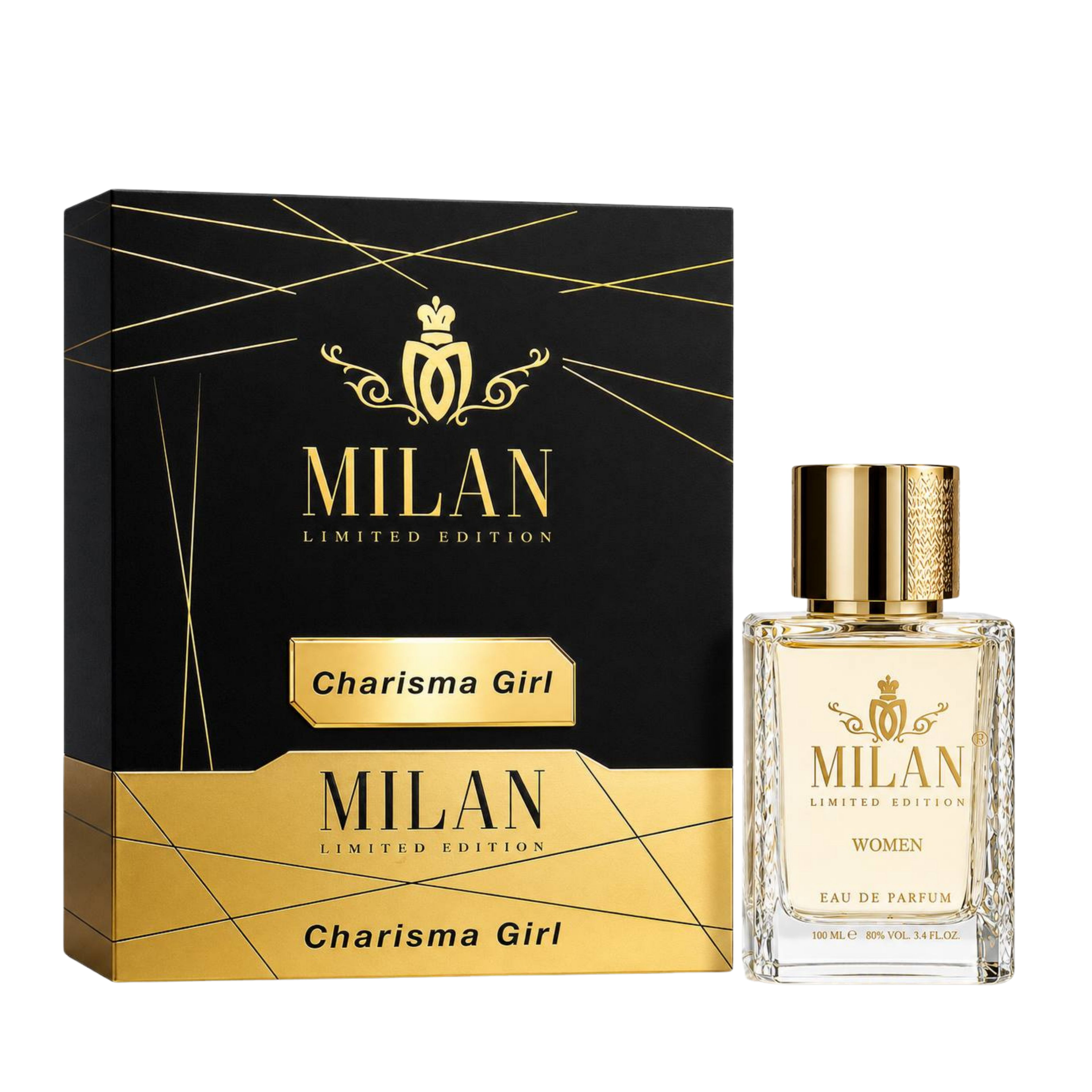 Milan Charisma Girl Limited Edition apa de parfum feminin, flacon frontal de 100 ml cu design rafinat și elegant.