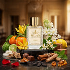 Milan Charisma Girl Limited Edition apa de parfum original prezentat alături de tuberoză, trandafir, praline și scorțișoară.