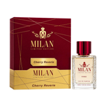 Milan Cherry Reverie apa de parfum unisex 100 ml flacon frontal cu lichid roșu închis și capac roșu-bordo pe fundal premium.