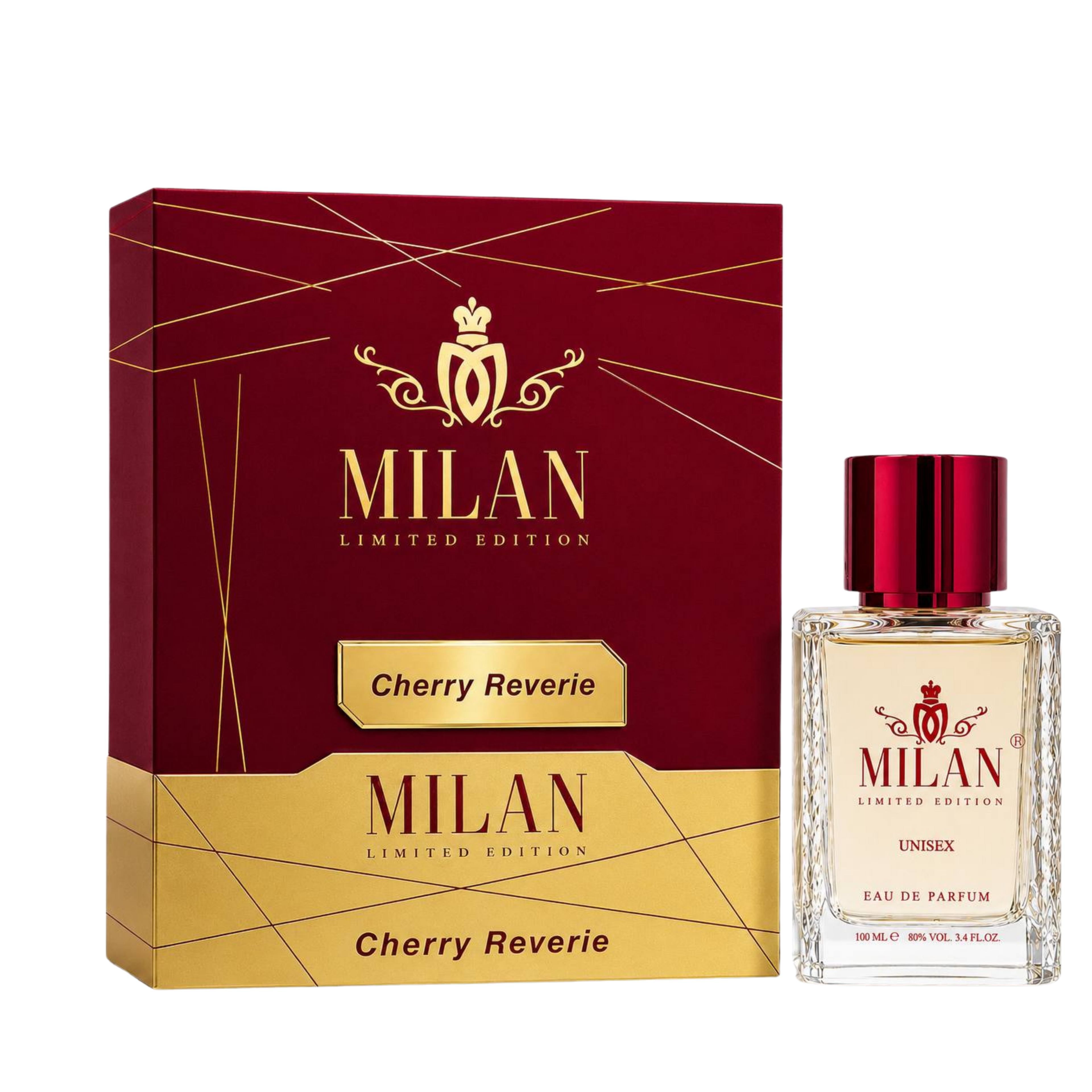 Milan Cherry Reverie apa de parfum unisex 100 ml flacon frontal cu lichid roșu închis și capac roșu-bordo pe fundal premium.