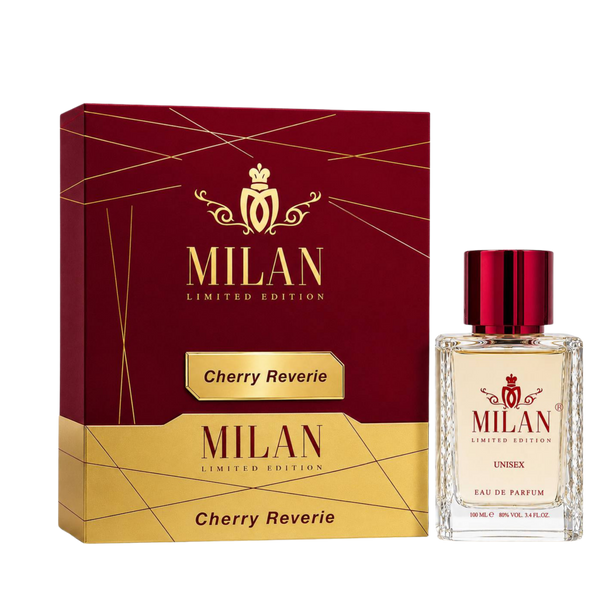Milan Cherry Reverie apa de parfum unisex 100 ml flacon frontal cu lichid roșu închis și capac roșu-bordo pe fundal premium.
