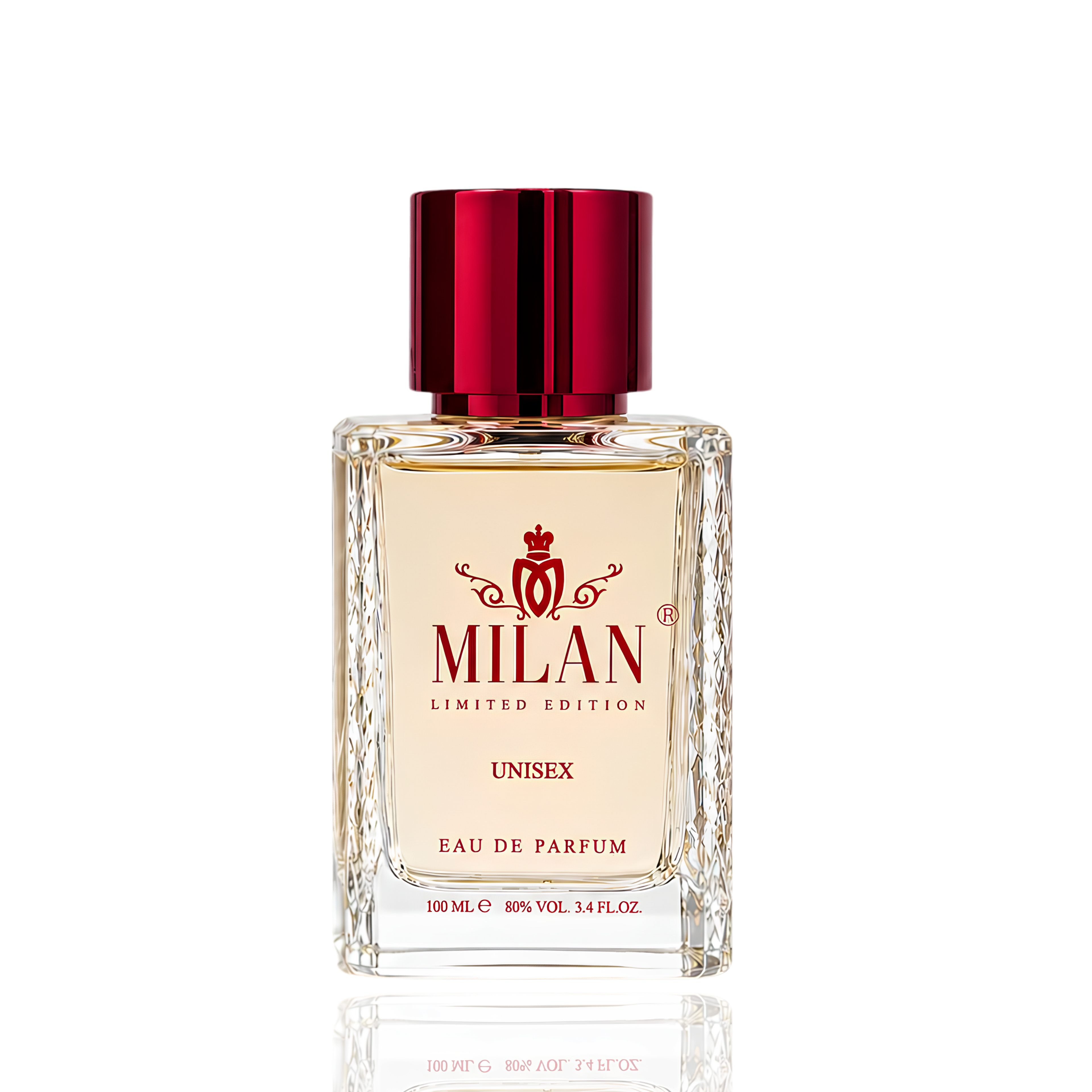 Detaliu flacon Milan Cherry Reverie apa de parfum unisex evidențiind eticheta aurie și capacul texturat pe fundal cinematic.