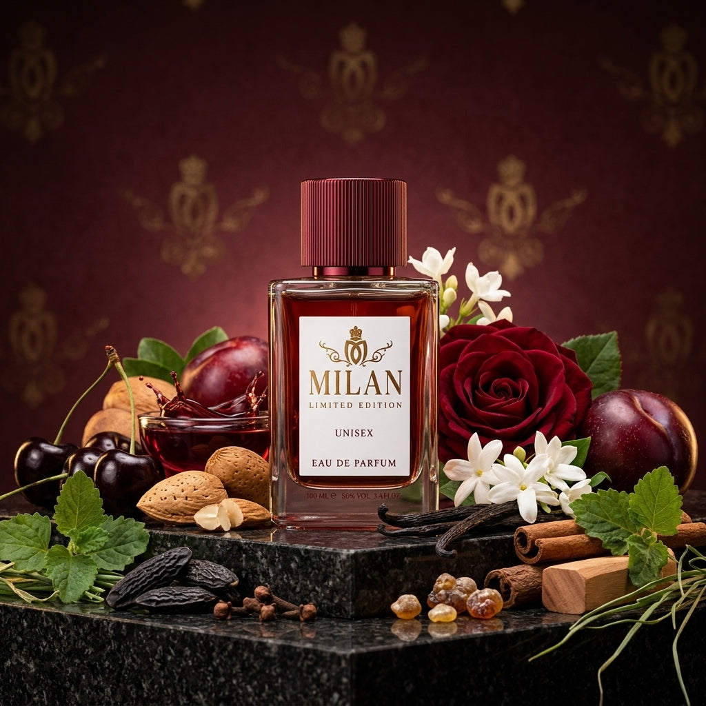 Milan Cherry Reverie apa de parfum unisex prezentat alături de cireșe negre coapte și migdale amare.