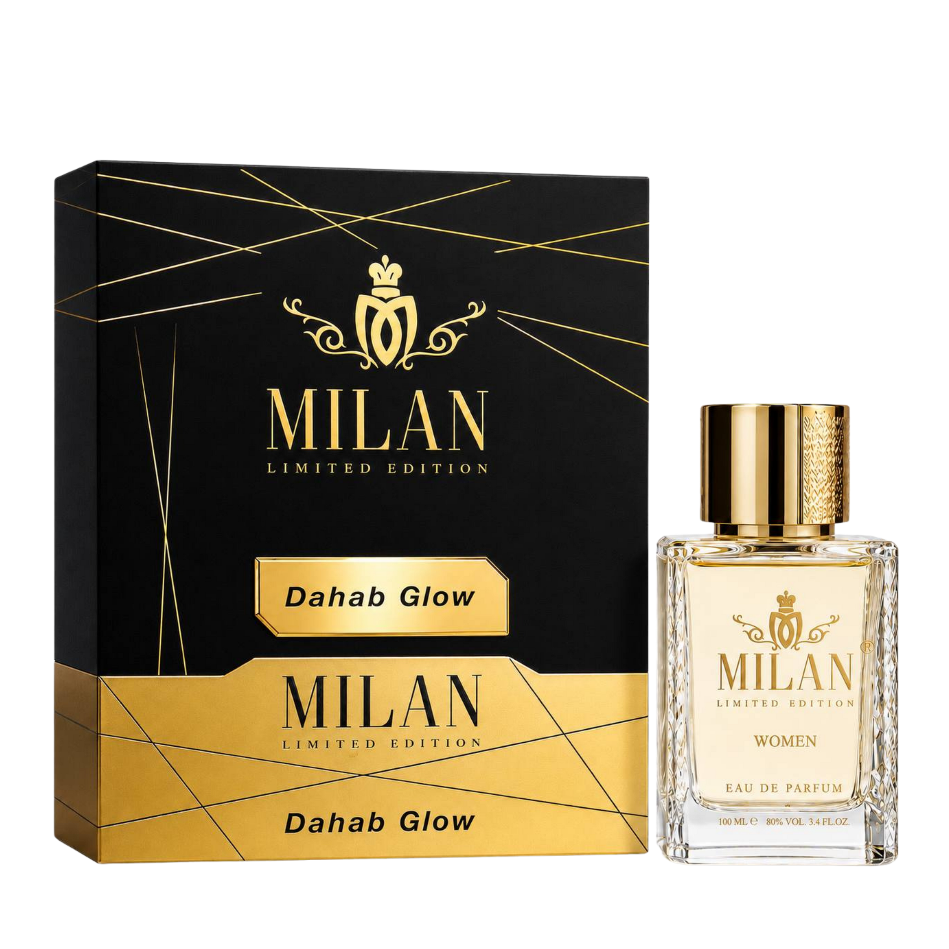 Milan Dahab Glow Limited Edition apa de parfum feminin, flacon frontal de 100 ml cu design elegant și detalii aurii.