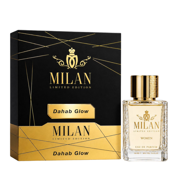 Milan Dahab Glow Limited Edition apa de parfum feminin, flacon frontal de 100 ml cu design elegant și detalii aurii.
