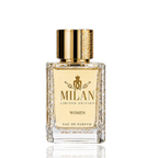 Detaliu flacon Milan Dark Flame Limited Edition apa de parfum, evidențiind eticheta aurie și capacul cilindric decorat.