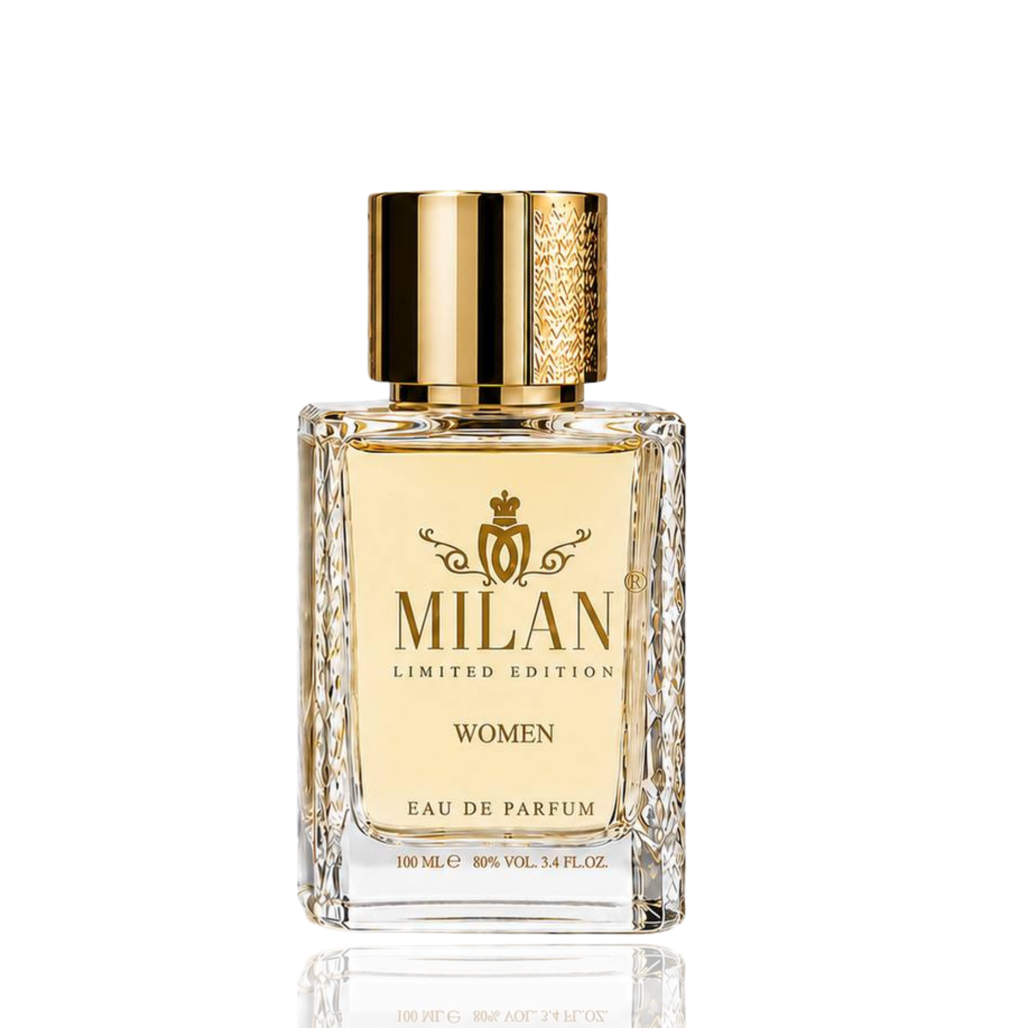 Detaliu flacon Milan Dark Flame Limited Edition apa de parfum, evidențiind eticheta aurie și capacul cilindric decorat.