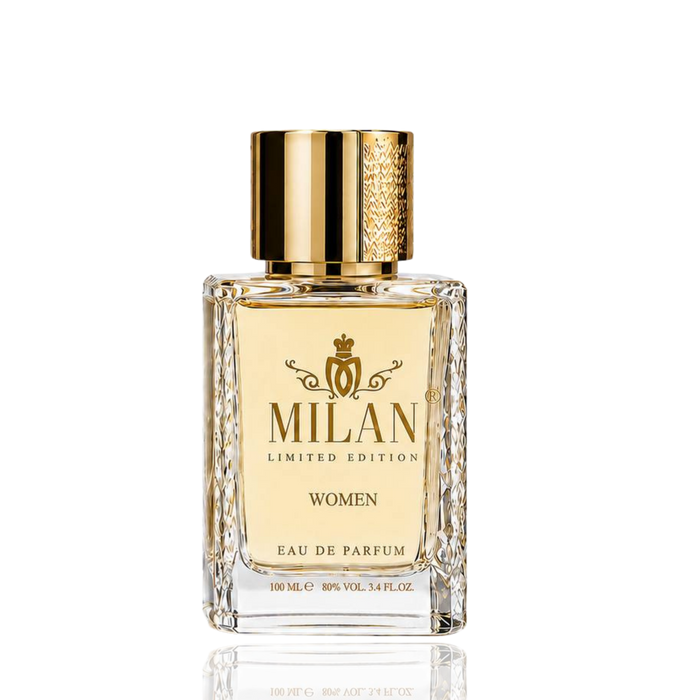 Detaliu flacon Milan Dark Flame Limited Edition apa de parfum, evidențiind eticheta aurie și capacul cilindric decorat.