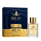 Milan Dark Flame Limited Edition apa de parfum feminin 100 ml flacon frontal cu lichid auriu și capac cu dungi negre și aurii.