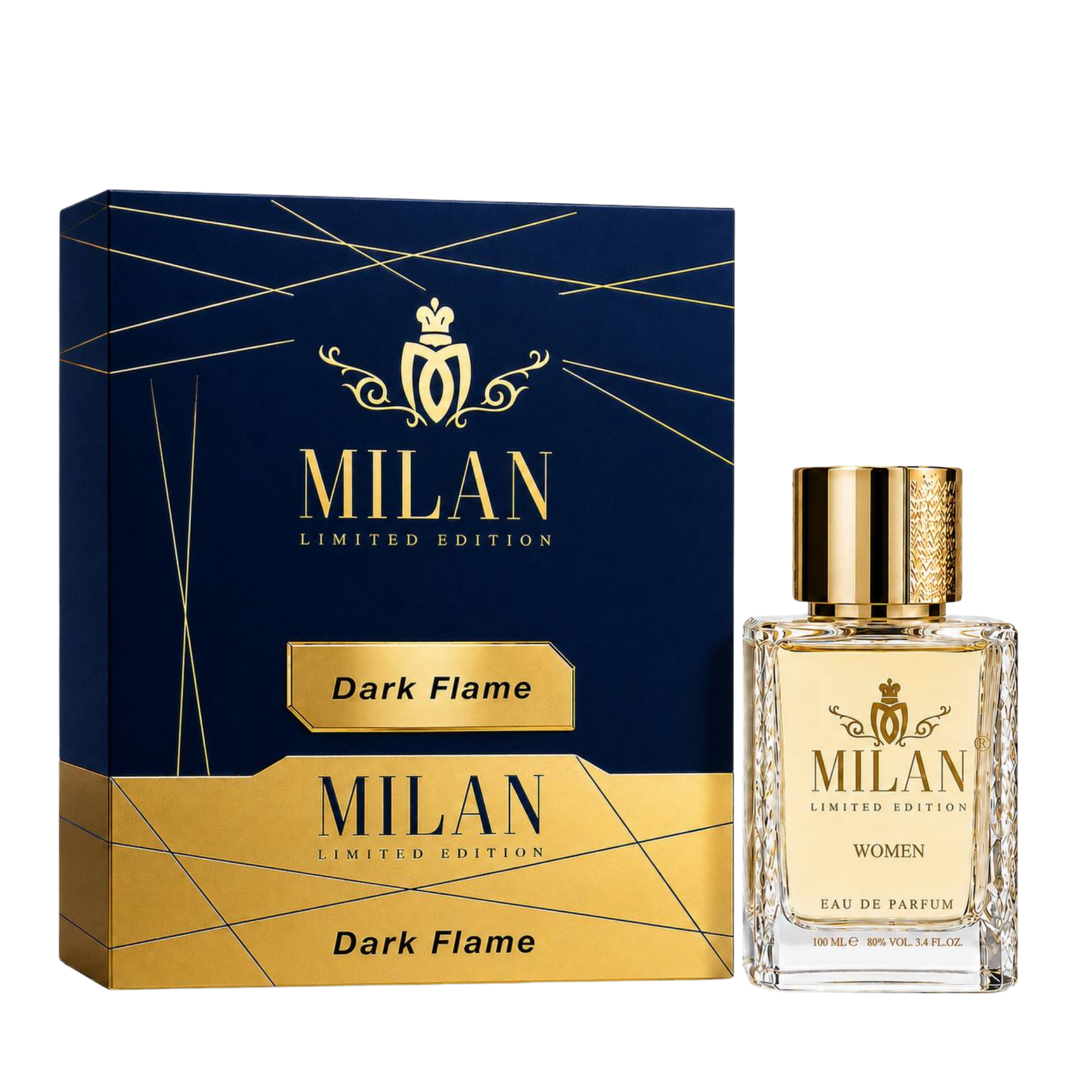 Milan Dark Flame Limited Edition apa de parfum feminin 100 ml flacon frontal cu lichid auriu și capac cu dungi negre și aurii.