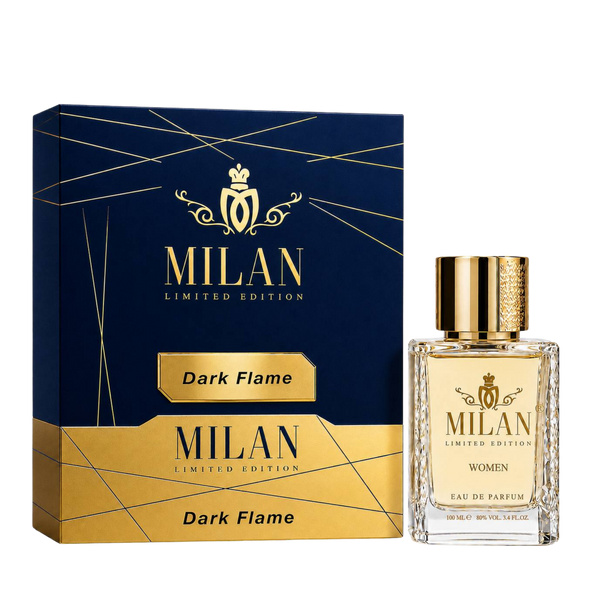 Milan Dark Flame Limited Edition apa de parfum feminin 100 ml flacon frontal cu lichid auriu și capac cu dungi negre și aurii.