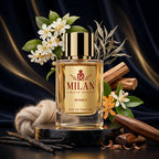 Milan Dark Flame Limited Edition apa de parfum prezentat alături de osmanthus, ceai alb, lemn de santal și vanilie.