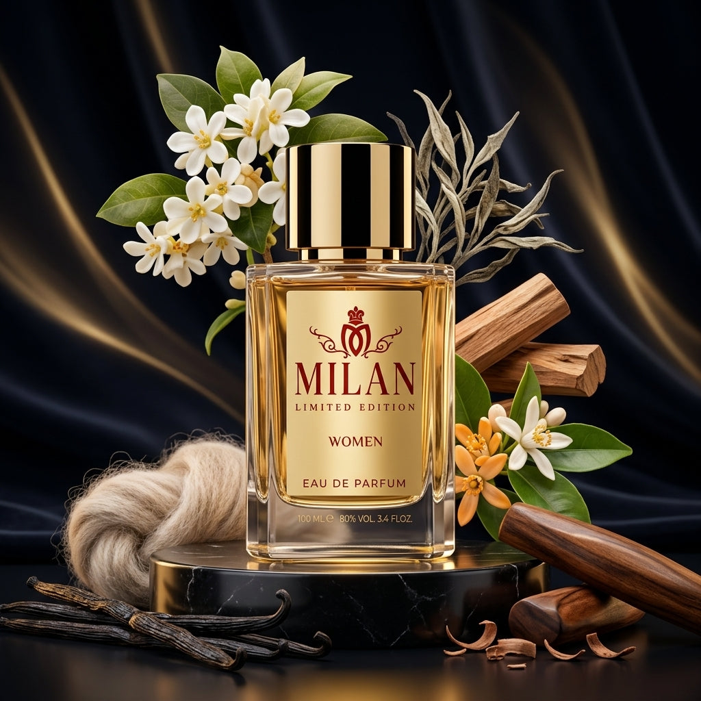 Milan Dark Flame Limited Edition apa de parfum prezentat alături de osmanthus, ceai alb, lemn de santal și vanilie.