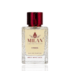 Detaliu flacon Milan Deep Philosophy Limited Edition apa de parfum, evidențiind eticheta aurie și capacul metalic texturat.