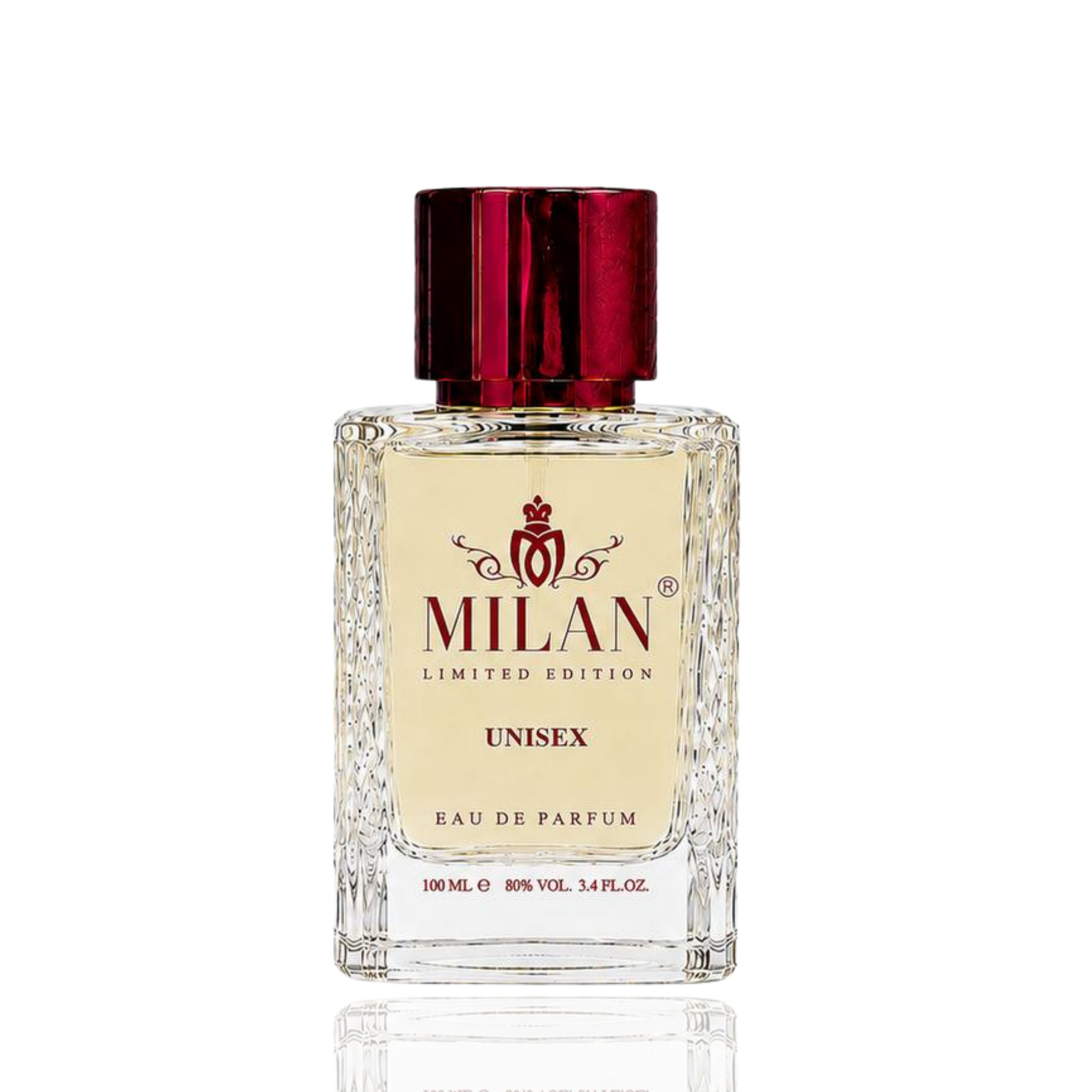 Detaliu flacon Milan Deep Philosophy Limited Edition apa de parfum, evidențiind eticheta aurie și capacul metalic texturat.