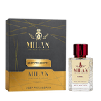 Milan Deep Philosophy Limited Edition apa de parfum unisex 100 ml flacon frontal cu lichid galben-chihlimbar și capac bordo.