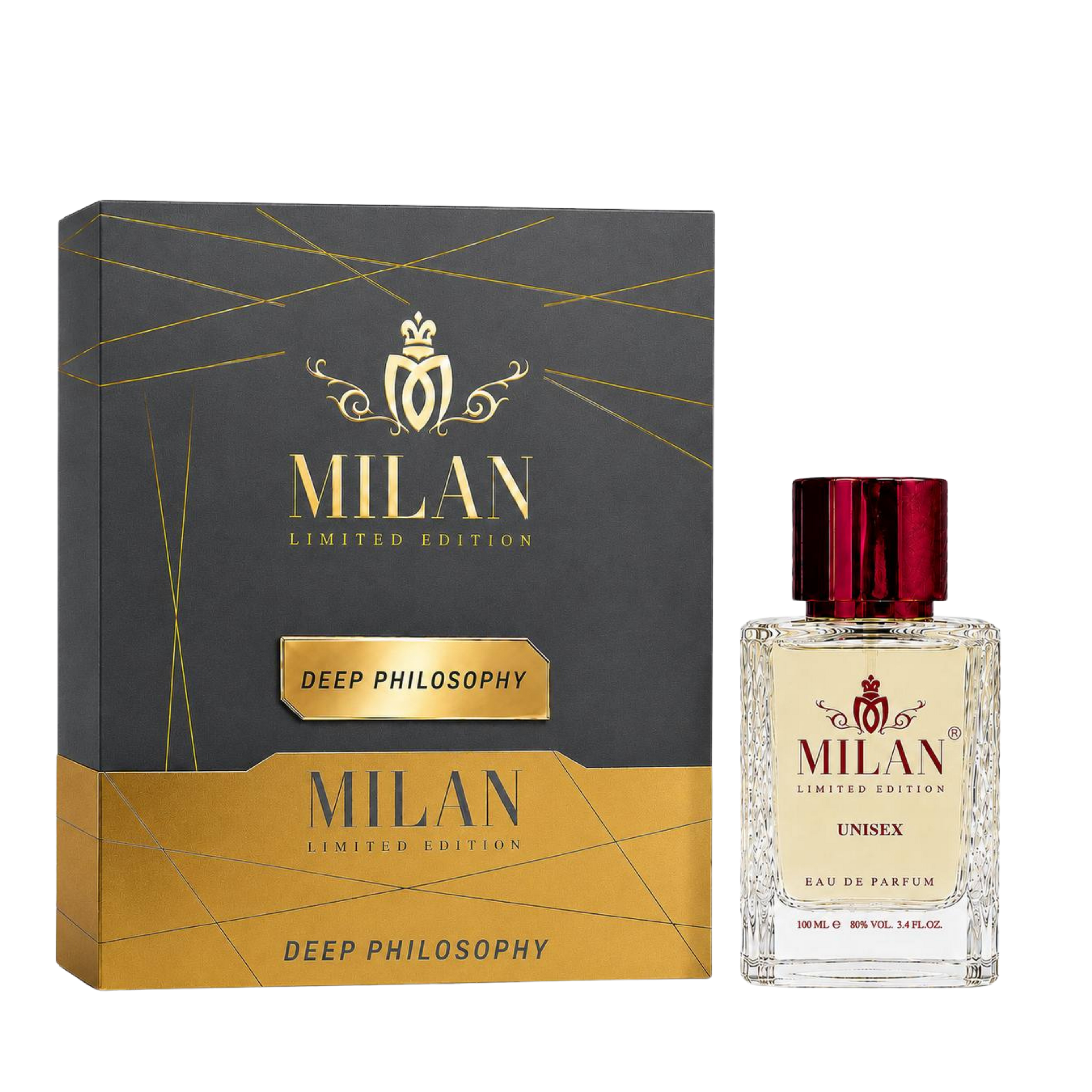 Milan Deep Philosophy Limited Edition apa de parfum unisex 100 ml flacon frontal cu lichid galben-chihlimbar și capac bordo.