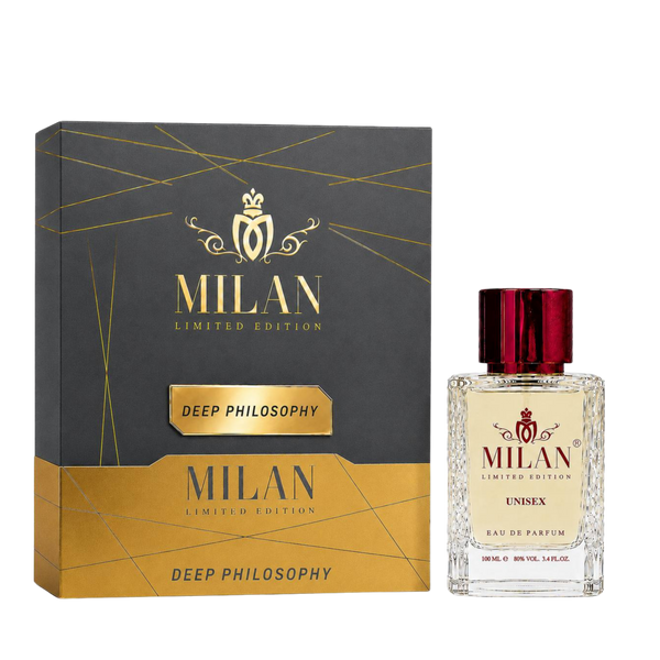 Milan Deep Philosophy Limited Edition apa de parfum unisex 100 ml flacon frontal cu lichid galben-chihlimbar și capac bordo.