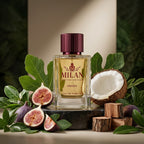 Milan Deep Philosophy Limited Edition apa de parfum prezentat alături de frunze de smochin, nucă de cocos și lemn de cedru.