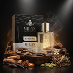 Ambalajul original negru și argintiu de prezentare pentru Milan Ember Oud Limited Edition apa de parfum masculin.