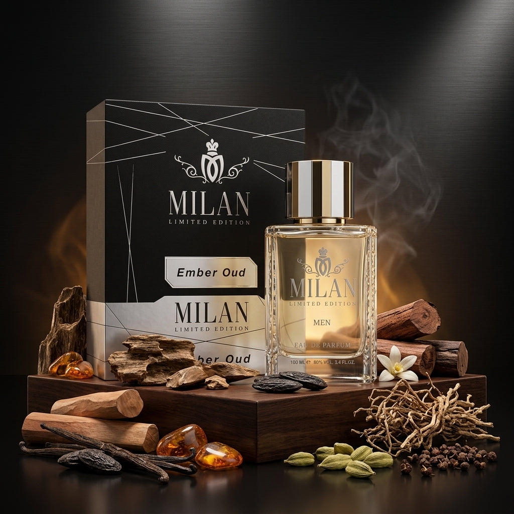 Ambalajul original negru și argintiu de prezentare pentru Milan Ember Oud Limited Edition apa de parfum masculin.