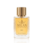 Detaliu flacon Milan Ember Oud Limited Edition apa de parfum, evidențiind textura sticlei și capacul cu dungi verticale.