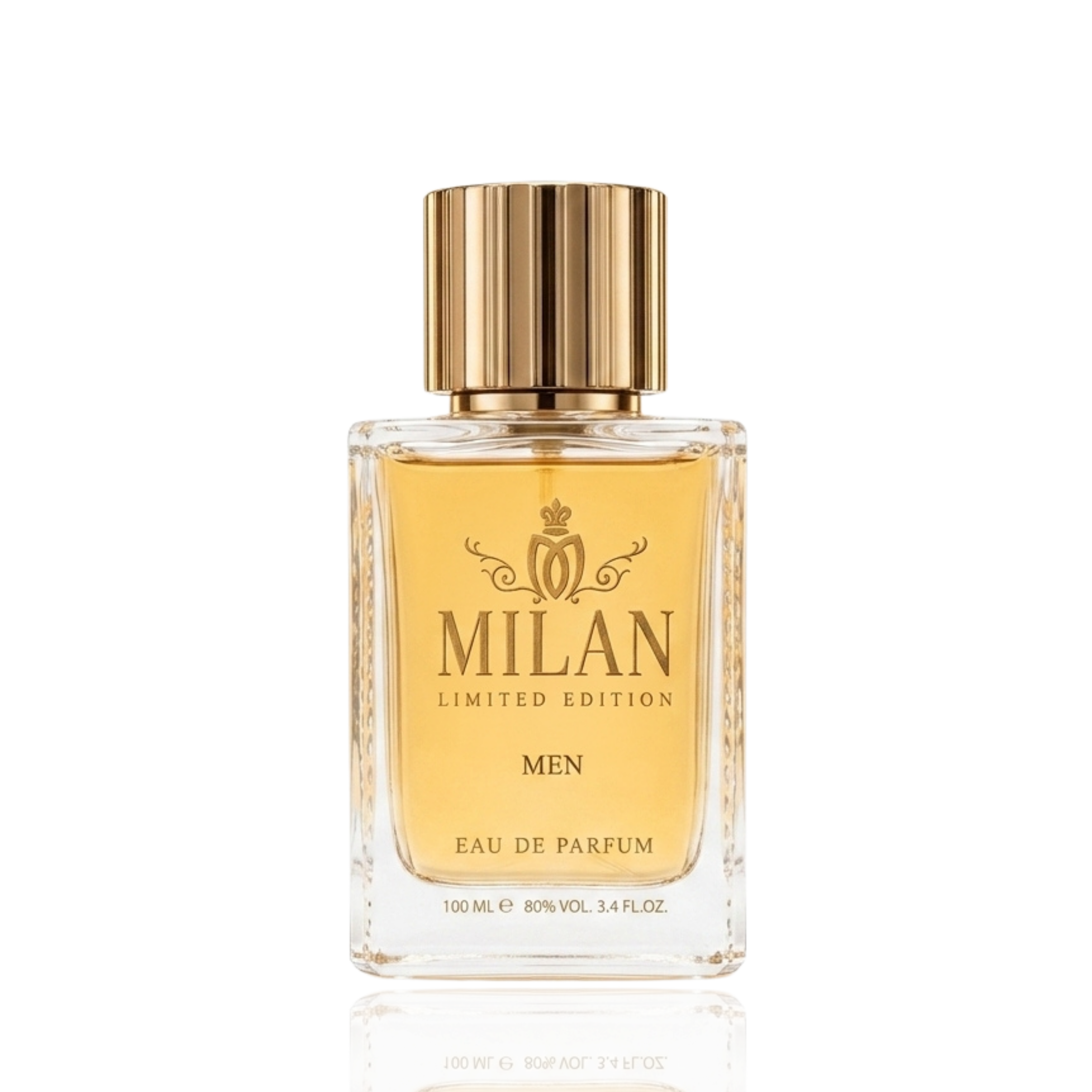 Detaliu flacon Milan Ember Oud Limited Edition apa de parfum, evidențiind textura sticlei și capacul cu dungi verticale.