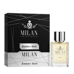Milan Ember Oud Limited Edition apa de parfum masculin, flacon frontal de 100 ml cu design elegant și detalii aurii.