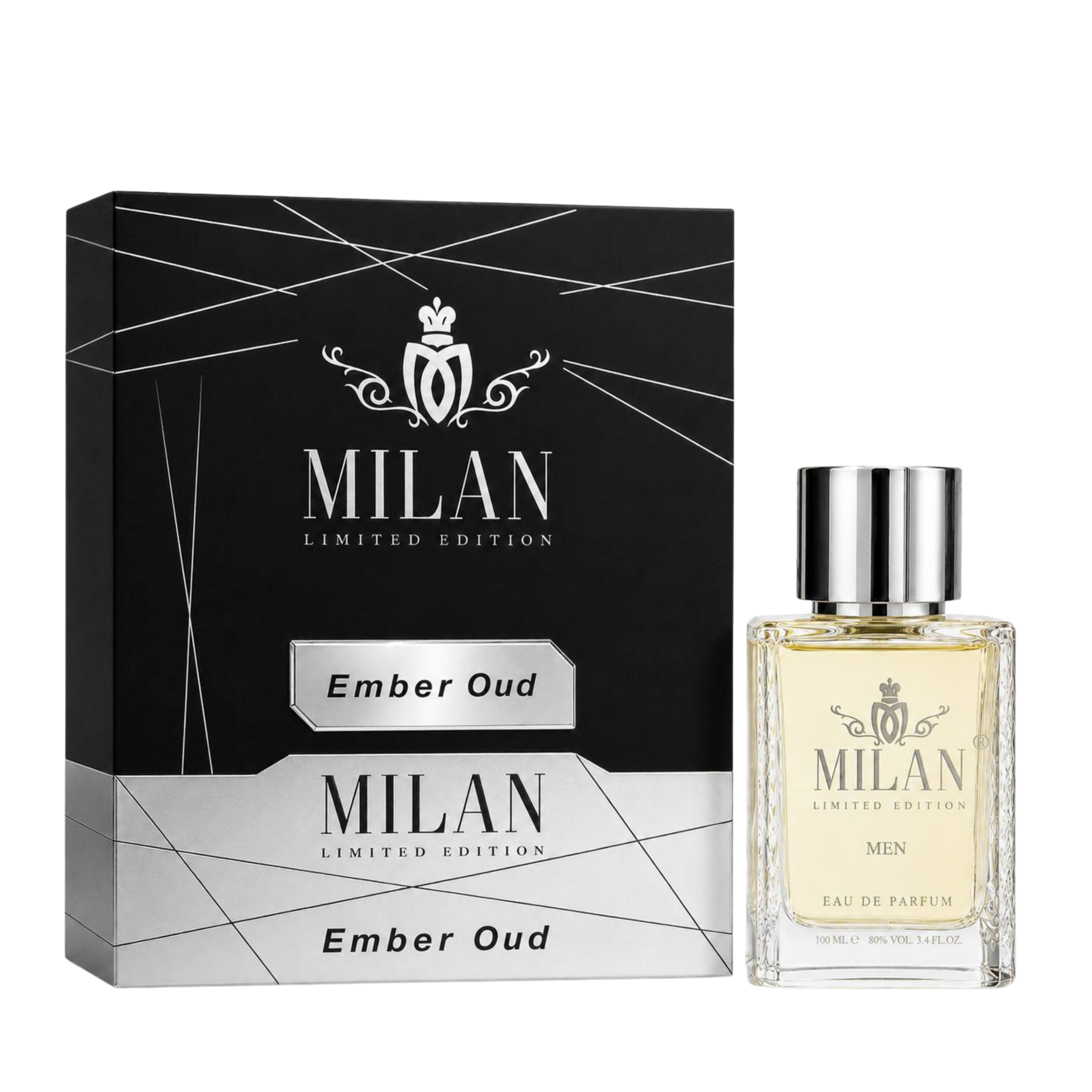 Milan Ember Oud Limited Edition apa de parfum masculin, flacon frontal de 100 ml cu design elegant și detalii aurii.