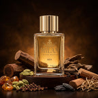 Milan Ember Oud Limited Edition apa de parfum original prezentat alături de lemn de agar, cardamom, santal și vanilie.