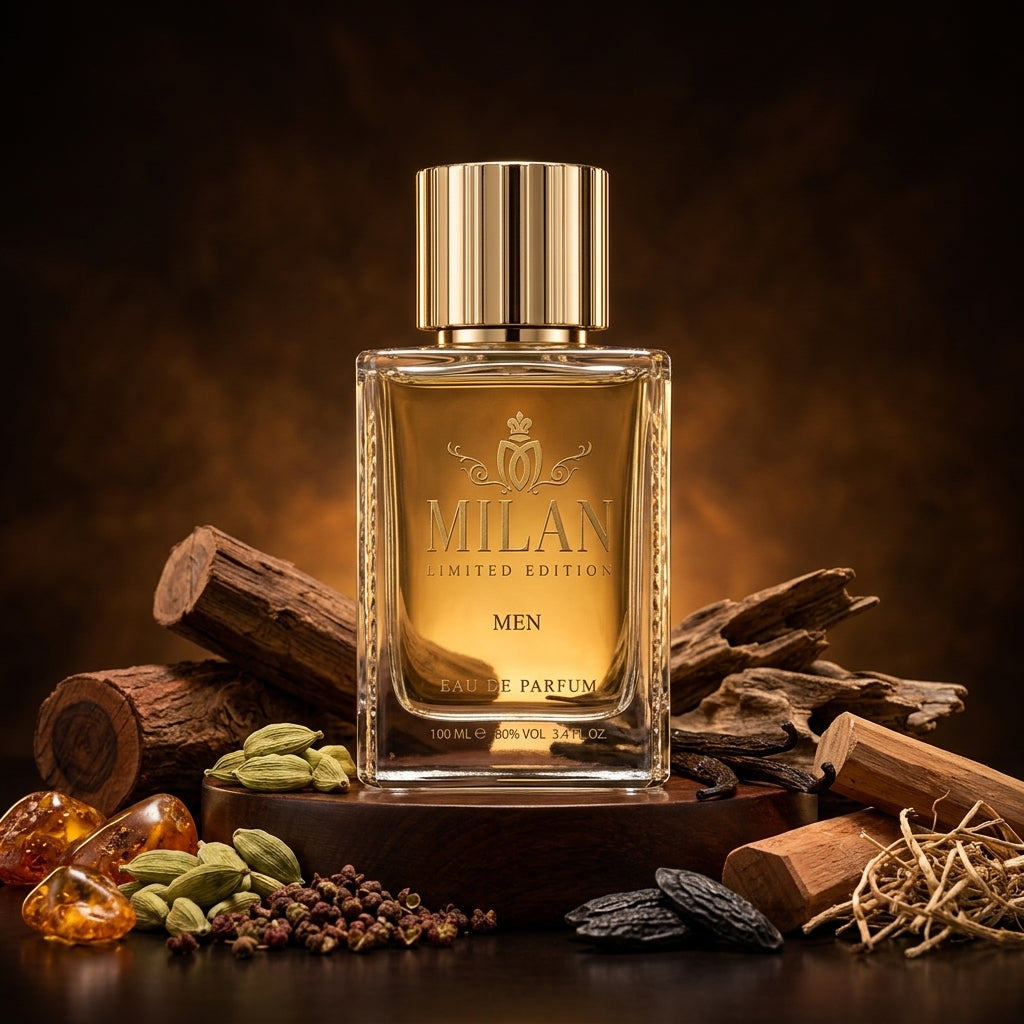 Milan Ember Oud Limited Edition apa de parfum original prezentat alături de lemn de agar, cardamom, santal și vanilie.