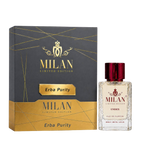 Milan Erba Purity apa de parfum unisex 100 ml flacon frontal cu lichid galben-chihlimbar și capac auriu pe fundal premium.
